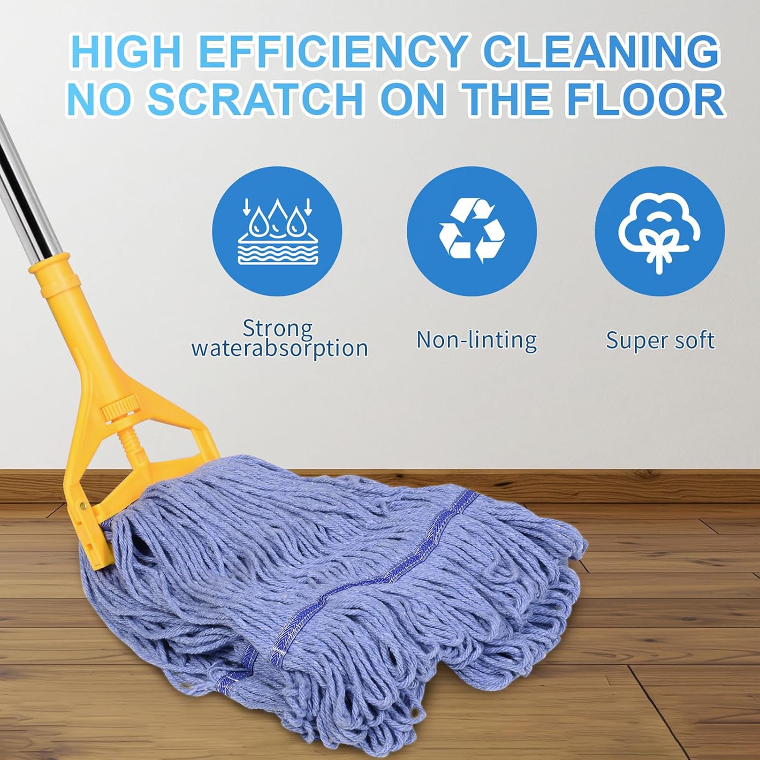 Commercial Mop with Extra Head Replace,63" Heavy Duty Industrial Mop | Long Mop Handle Looped-End String Wet Mops for Floor Cleaning for Warehouse, Workshop, Garage, Office, Home (2 Mops Head) - Image 2