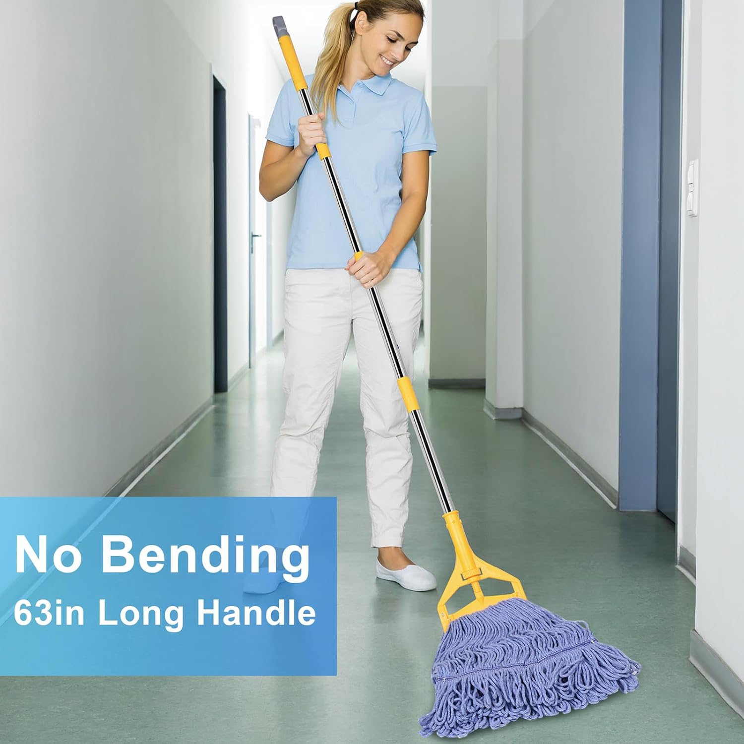 Commercial Mop with Extra Head Replace,63" Heavy Duty Industrial Mop | Long Mop Handle Looped-End String Wet Mops for Floor Cleaning for Warehouse, Workshop, Garage, Office, Home (2 Mops Head) - Image 3