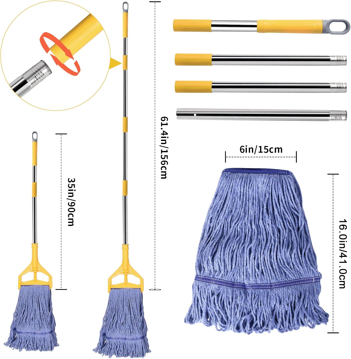 Commercial Mop with Extra Head Replace,63" Heavy Duty Industrial Mop | Long Mop Handle Looped-End String Wet Mops for Floor Cleaning for Warehouse, Workshop, Garage, Office, Home (2 Mops Head) - Image 4