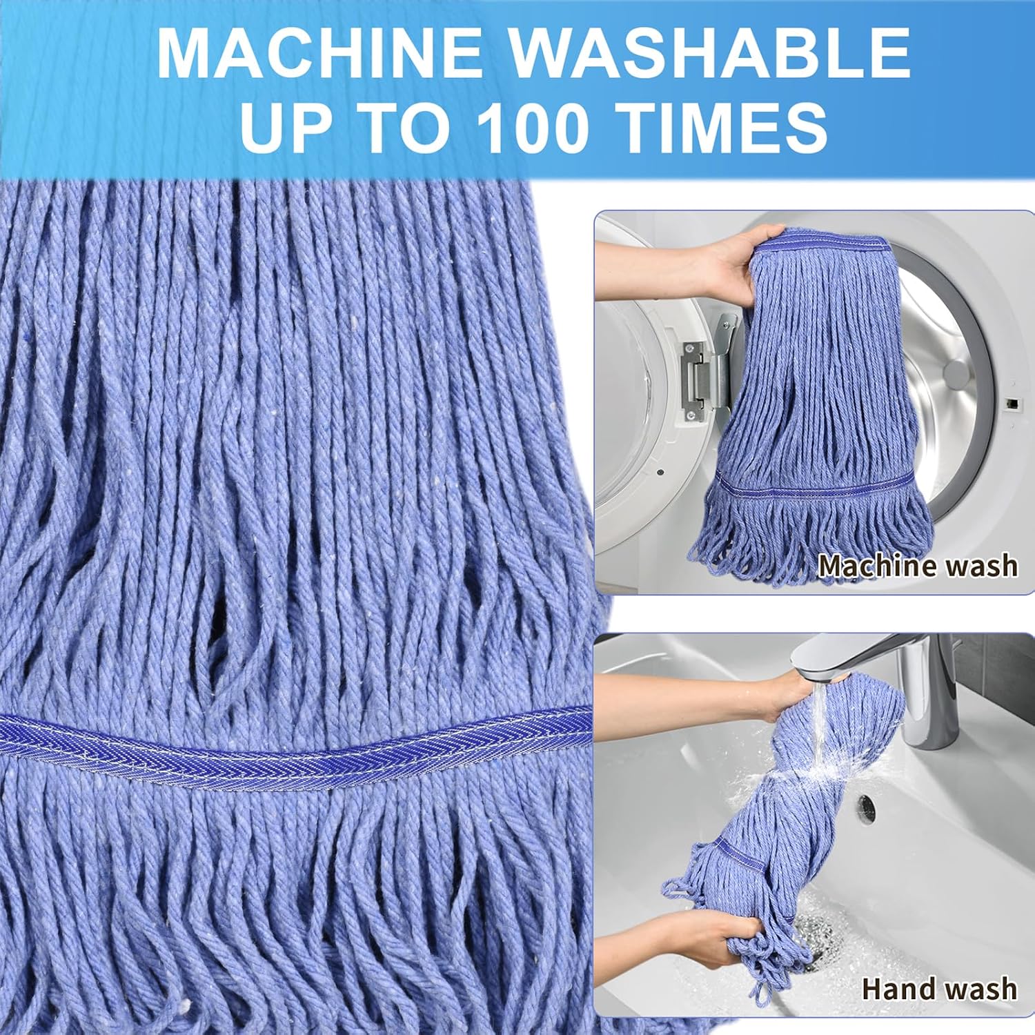 Commercial Mop with Extra Head Replace,63" Heavy Duty Industrial Mop | Long Mop Handle Looped-End String Wet Mops for Floor Cleaning for Warehouse, Workshop, Garage, Office, Home (2 Mops Head) - Image 5