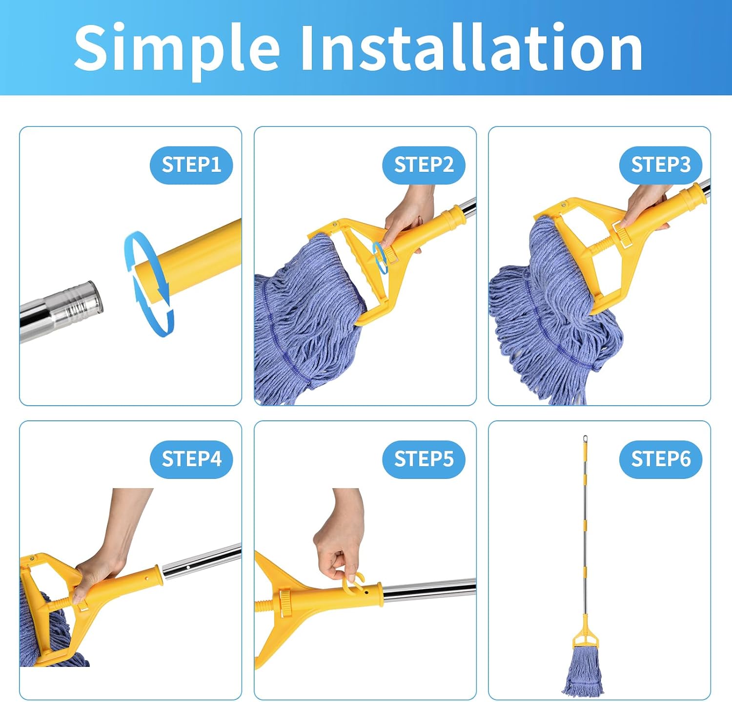 Commercial Mop with Extra Head Replace,63" Heavy Duty Industrial Mop | Long Mop Handle Looped-End String Wet Mops for Floor Cleaning for Warehouse, Workshop, Garage, Office, Home (2 Mops Head) - Image 7