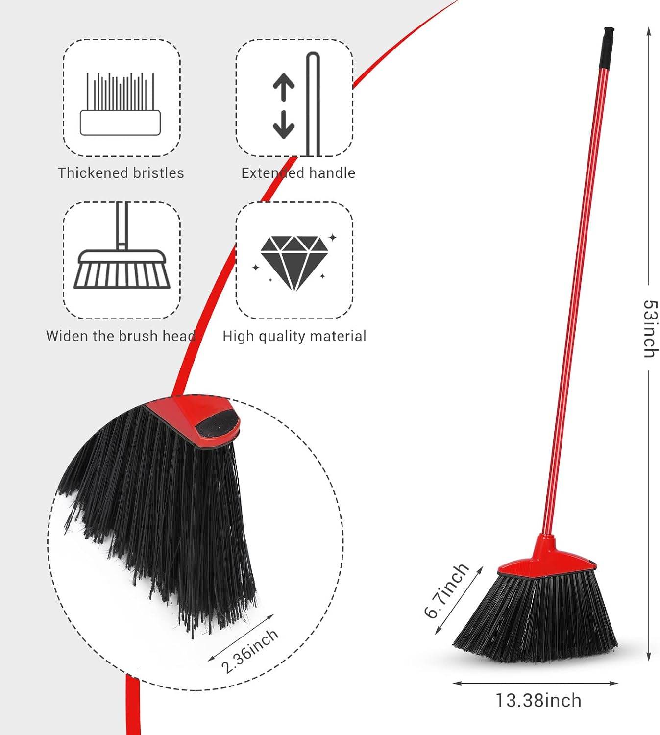 WILLBOND 12 Pcs Heavy Duty Broom Bulk, 53 Inch, Outdoor Angle Broom,Red | Commercial Use, Sweeping Indoor Outdoor, Long Handle, for Garage Courtyard Patio Lobby Mall Market Office Shop Sidewalk - Image 2