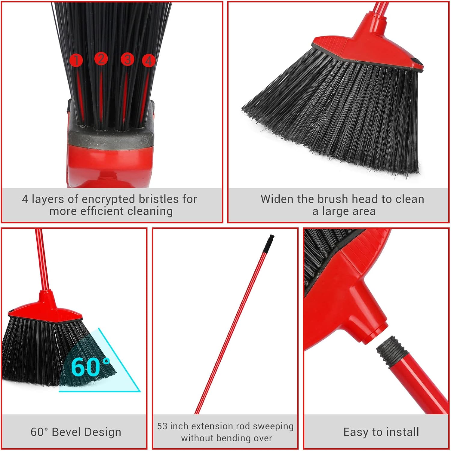 WILLBOND 12 Pcs Heavy Duty Broom Bulk, 53 Inch, Outdoor Angle Broom,Red | Commercial Use, Sweeping Indoor Outdoor, Long Handle, for Garage Courtyard Patio Lobby Mall Market Office Shop Sidewalk - Image 3